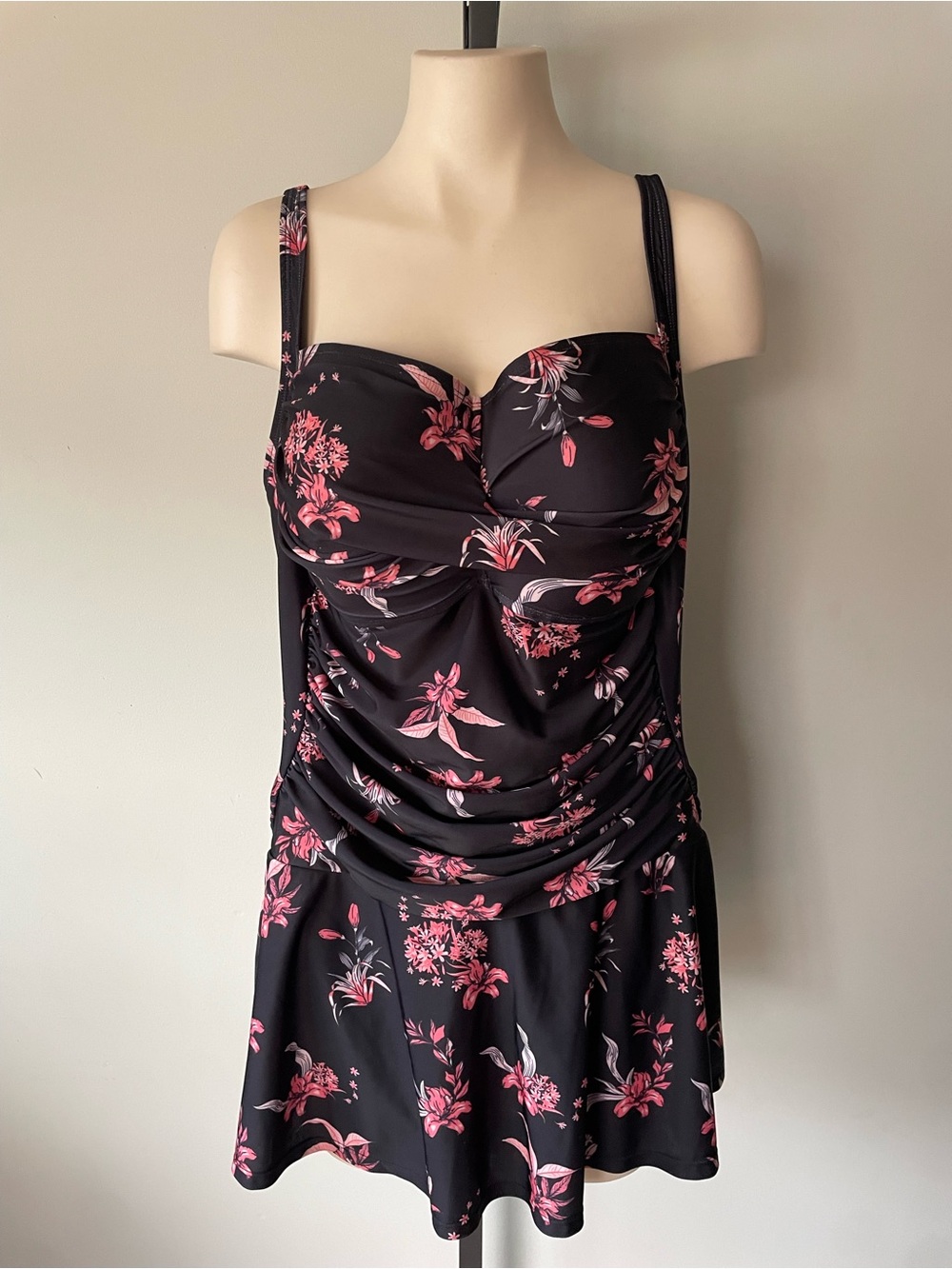 Arie Floral Swim Dress One Piece Tropical Plus Size 2X Black Pink